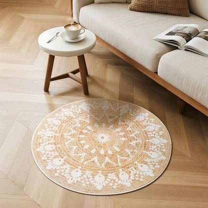 Carvapet Faux Jute 2 ft Round Washable Rug, Imitation Jute Low Pile Circle Small Carpet with Non Slip Rubber Backing, Foldable Stain Resistant Area Rug for Living Room Bedroom Office Bathroom - color: Pearl, size: 2' (Round)