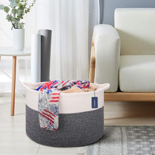 COMSE XXXLarge Woven Blanket & Laundry Basket, 87L, White & Black | 21.7" x 13.8", Cotton Rope, Nursery Hamper for Storage of Toys Clothes Towels, Ideal for Living Room Bedroom Bathroom - color: White & Black