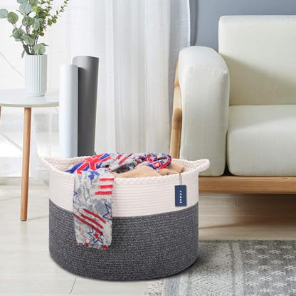 COMSE XXXLarge Woven Blanket & Laundry Basket, 87L, White & Black | 21.7" x 13.8", Cotton Rope, Nursery Hamper for Storage of Toys Clothes Towels, Ideal for Living Room Bedroom Bathroom - color: White & Black