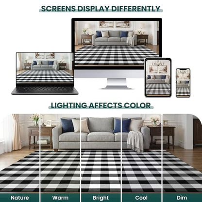KOZYFLY Buffalo Plaid Area Rugs 3x5 Ft Black and White Checkered Rug Washable Front Door Mat Hand Woven Cotton Outdoor Rug Large Rug for Front Porch Kitchen Entryway Patio Bathroom | Washable Front Door Mat, Woven Cotton Outdoor Rug, Large Rug for Front P