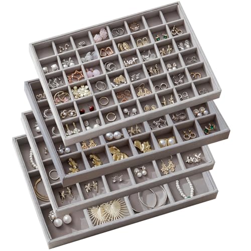 Large Velvet Jewelry Drawer Organizer Trays Set of 4 | Stackable Jewelry Trays Organizer Display Storage Showcase for Earring Necklace Bracelet Ring (Gray, 12+24+35+48 Grids) - color: Gray, size: 12+24+35+48 Grids