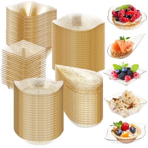 Tessco for you 100 Pcs Mini Appetizer Plates Set, Disposable Dessert Plates Assorted Shape Mini Plastic Spoons for Wedding Party Birthday (Gold) - color: Glitter Gold
