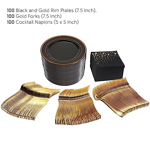 Black and Gold Dessert Plates Set, 100 Plates, Forks and Cocktail Napkins | Sturdy plastic, cake service, appetizer tables, salad course, weddings, graduations, easy cleanup - color: Black, style: Plates,Forks and Napkins