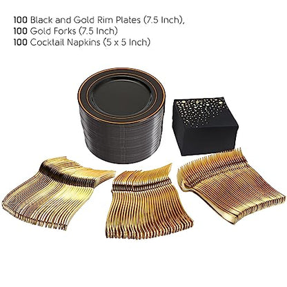 Black and Gold Dessert Plates Set, 100 Plates, Forks and Cocktail Napkins | Sturdy plastic, cake service, appetizer tables, salad course, weddings, graduations, easy cleanup - color: Black, style: Plates,Forks and Napkins