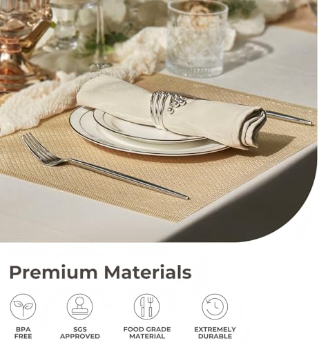 Leetaltree Woven Vinyl Placemats Set of 4, Gold Sequin | Waterproof & Washable Dining Table Mats for Wedding, Anniversary, Daily Use, Hand-Cut, Easy to Clean - color: 00- Gold Sequin, size: Set of 4