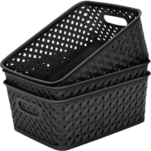 MaxGear 3 Pack Plastic Storage Baskets, Medium, Black | Durable Woven Plastic with Built-In Handles, Suitable for Shelves, Closets, Cabinets, Bathrooms and Offices - color: Black, size: Medium