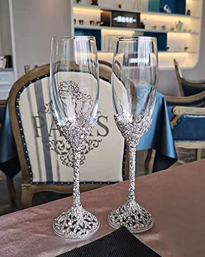Champagne Flutes - Crystal Glass Metal Base With Crystal Stones, Set of 2 Toasting Flute Pair, Wedding Anniversary Party Birthday Banquets and Gifts for Bride and Groom(Silver) - color: Silver
