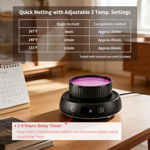 Candle Warmer,Wax Melt Warmer for Desk with Temperature Display | 1-9H Delay Start Timer,Wax Warmer for Scented Wax,Wax Melter,3 Temperature Settings,1-9H Auto Shut Off Timer - color: Black