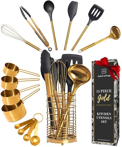 Styled Settings Black and Gold Kitchen Utensils Set, 15-Piece | Nonstick BPA-Free Silicone Cooking Utensils with Measuring Cups and Spoons - Luxury Kitchen Accessories for Stylish Cooking - color: 15 Piece Black & Gold
