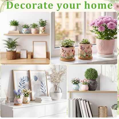 10 Pcs 3.5 Inch Mini Succulent Pots with Bamboo Tray Paint Your Own Ceramic Pot Craft Kit Ready-to-paint Small Planters Container with Drainage Hole Paint Set Clay Kit DIY Craft for Plant Lover