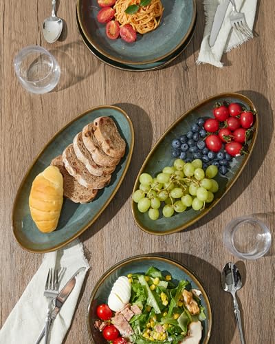12.8" Oval Serving Platters, Stoneware Party Tray Set for Entertaining, Microwave Safe Large Platter for Fruit/Cheese/Cookie/Sushi/Appetizer, Ceramic Serving Trays Plates of 4, Aurora Green - size: Oval