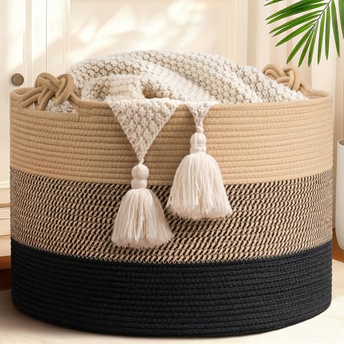 22"x22"x14" Large Blanket Basket, Home Décor for Living Room Bedroom, Decorative Wicker Woven Basket for Clothes, Toy Storage Basket for Kids, Camel Mix & Black - color: Camel Mix & Black, size: 83L (22"W x 14"H)