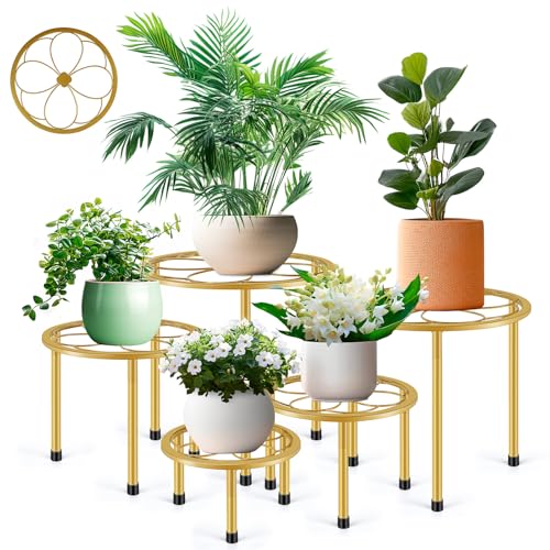 Amaoot 5 Pack Metal Plant Stand, Iron Plant Stands for Indoor and Outdoor | Flower Pot Stands for Multiple Plant, Black Potted Plant Holder for Garden Home - color: 5 Pack Gold