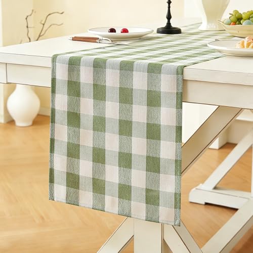 Laolitou Spring Green Checkered Table Runner, Cotton Linen Gingham Table Runners, Classic Buffalo Plaid Farmhouse Table Decor, 13x72 Inches - color: Green, size: 72" x 13" (Rectangular)