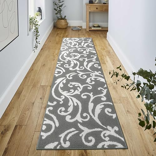 Hallway Runner Rug Non Slip Rubber Backing, 26 inch x 8 ft, Scroll, Grey & White, Heavy Duty Berber Style Carpet Runner for Entryway, Kitchen, Bathroom, Bedroom, Laundry Room. - color: Scroll Grey, size: 8 Foot Long Runner Rug