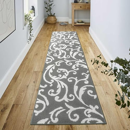 Hallway Runner Rug Non Slip Rubber Backing, 26 inch x 8 ft, Scroll, Grey & White, Heavy Duty Berber Style Carpet Runner for Entryway, Kitchen, Bathroom, Bedroom, Laundry Room. - color: Scroll Grey, size: 8 Foot Long Runner Rug