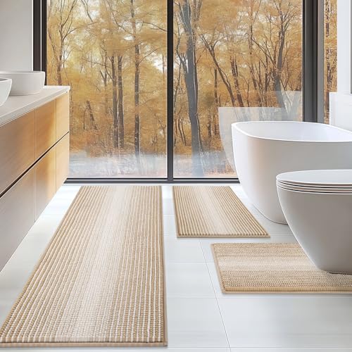 Bathroom Rugs Sets 3 Piece, Toilet Rugs U-Shaped Contour Bath Mat Set, Long Striped Absorbent Non Slip Chenille Shower Mat, Beige - color: Beige, size: 20"x47"+16"x24"+ U Shape 20"x24"