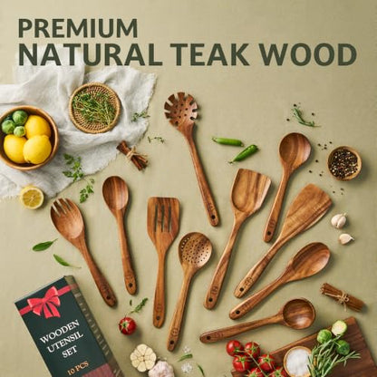 SOOMGYEOL SEOM 10-Piece Teak Wood Cooking Utensil Set | Natural Teak Wood, Uncoated, 10 Essential Cooking Utensils, Nonstick Safe - size: 10 PCS Set