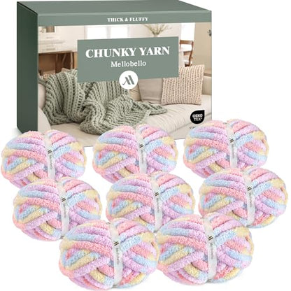 Jumbo Chunky Yarn for Hand Knitting - Super Thick Chenille Chunky Yarn for Crocheting - Extra Soft Bulky Fluffy Blanket Big Yarns 8 Jumbo Pack (27yds,8 oz Each Skein) - color: Soft Macaron