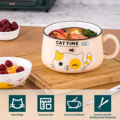 Ramen Bowl Set with Chopsticks, Cute Cat Instant Ramen Noodle Bowls with Lid, 34.5 OZ Extra Large Ceramic Soup Bowls with Handle, Japanese Ramen Cooker, Microwave safe (Yellow) - color: Yellow
