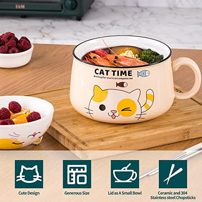 Ramen Bowl Set with Chopsticks, Cute Cat Instant Ramen Noodle Bowls with Lid, 34.5 OZ Extra Large Ceramic Soup Bowls with Handle, Japanese Ramen Cooker, Microwave safe (Yellow) - color: Yellow
