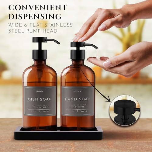 Glass Soap Dispenser Set of 2 (Amber) with Silicone Tray | Hand and Dish Soap Dispenser for Kitchen and Bathroom | 16.8 Oz Glass Bottles with Stainless Steel Pump & 15 Waterproof Labels (Amber/Black) - color: Amber/Black