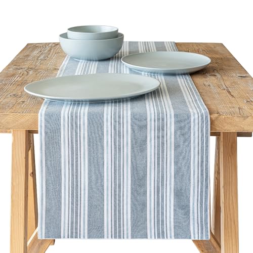 Over&Back 18x108 Woven Striped Table Runner - Washable Table Runners for a Custom Home Decor Tablescape - Coffee Table, Dinner Table, Living Room - Blue - color: Blue Woven Stripe, size: Runner | 18x108
