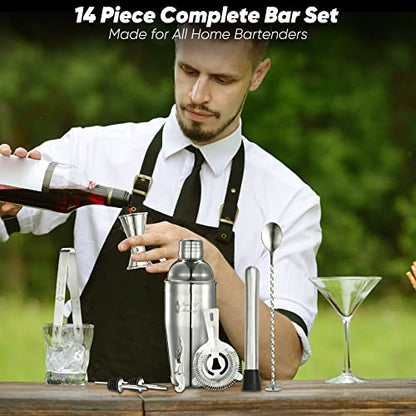 14PC Bartender Kit - Silver Cocktail Shaker Set - All Barware Essentials for Drink Mixing Includes Stand, Martini Shaker, Jigger, Strainer, Mixer Spoon, Muddler, Liquor Pourers, Touch of Mixology - color: Silver