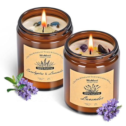 WEMEET 2 Pack Scented Candles Gift Set, Lavender Candles for Home Scented with Crystals 7oz, Eucalyptus Lavenderjar Candle with Dried Flowers, Aromatherapy Candle for Birthday, Mother'S Day, Christmas - color: Lavender Candle(2 Pack)