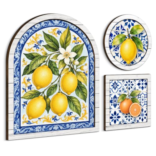 3 Pcs Vintage Lemon Wall Art Sign, Framed Mediterranean Citrus Wall Decor | Italian Coastal Prints for Kitchen Dining Room Farmhouse Home - color: Lemon