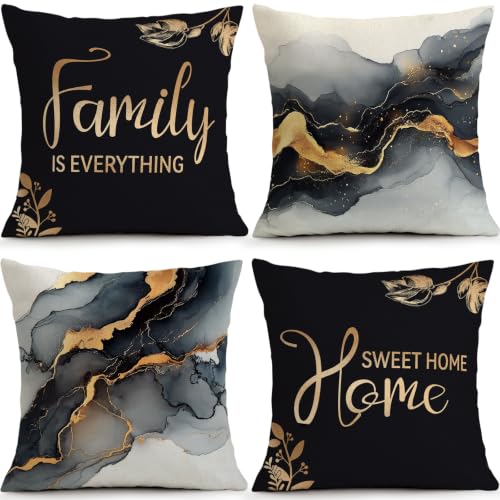 Black Gold Marble Pillow Covers Set of 4, 20x20 Bless Home Decor | Premium Faux Linen Black Gold Marble Pillow Covers with Bless Home Design Add Modern Luxury Style to Sofa Living Room - color: Home Sweet Black Gold Marble, size: 20" x 20" (Pack of 4)