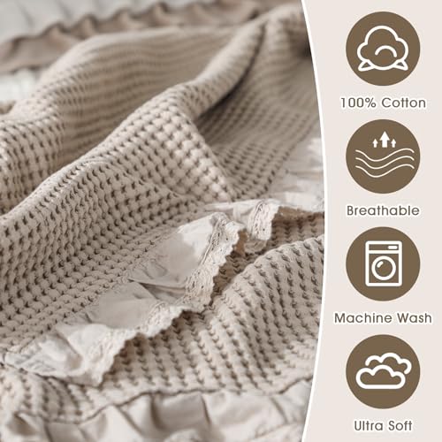 Tegeme Waffle Weave Blanket 43" x 63" 100% Cotton Neutral Boho Farmhouse Woven Knitted Beige Throw with Ruffles Warm Soft Cozy Throw Blanket Decorative Breathable for Couch Bed Sofa