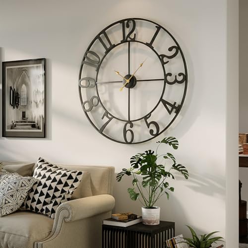 Cuspin 36 Inch Wall Clock, Large Wall Clock Decorative for Living Room, Arabic Numerals Non Ticking Battery-Operated Metal Round Modern Black Wall Clocks for Kitchen, Bedroom, Dining Room, Office - color: Black Arabic Number, size: 36 Inch