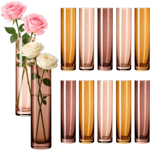 Brown Glass Cylinder Bud Vases,Melanie Small vases Set of 12 Wedding Table Decor for Single Rose,Home Decor,Centerpieces,Arrangements - color: Venus
