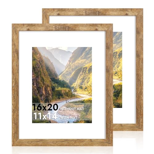 iRahmen 16x20 Picture Frame Set of 2 with Plexiglass, Display Pictures 11x14 with Mat or 16 x 20 Without Mat, Rustic Brown Wood Poster Frame for Photo Wall Gallery Mounting - color: Rustic Brown, size: 16X20