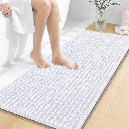 OLANLY Bathroom Runner Rugs 47x20, Thick Soft Absorbent Chenille Bath Rugs | White, Quick-Drying Rubber Backing, Long Shaggy Bath Mat, Machine Washable for Floor, Tub and Shower, Home Decor Accessories - color: White, size: 47" x 20"