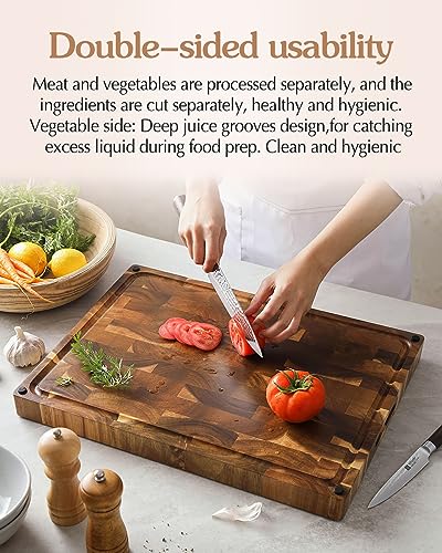 XINZUO Large Thick End Grain Acacia Wood Cutting Board- (19''L x 14''W x 1.5''T) Reversible Wooden Chopping Board with Non-Slip Feet, Built-in Handles and Juice Groove- Butcher Block Cutting Board - size: 19"L x 14"W