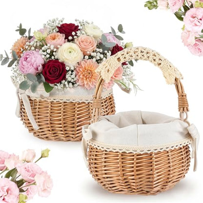 Weysat 2 Pcs Small Flower Girl Basket with Handle, Fabric Liner, Wicker Rattan Flower Basket Set, Rustic, Cute, Hand Woven for Wedding Girl Home Decorations Picnic Garden Candy Sweets Gifts Storage - style: Fabric Liner