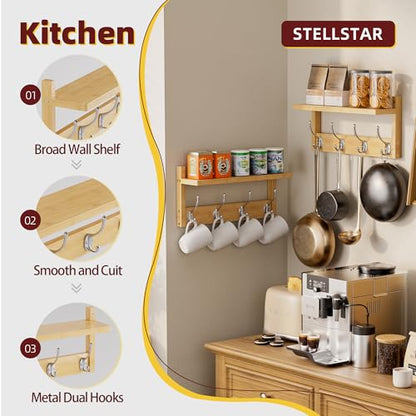 STELLSTAR Coat Rack with Shelf, 2 Pack Bamboo Wall-Mounted Coat Hanger with 8 Hooks for Entryway, Hallway, Kitchen, Bathroom, Living Room, Utility Room (Natural) - color: Natural