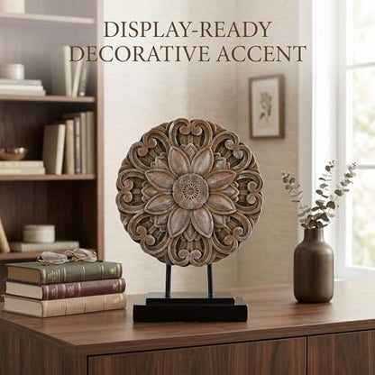 Brown Farmhouse Table top Sculpture Above Cabinet Decor Kitchen, Boho Carving Knick Knacks Shelf Decor Accent, Round Statue for Credenza Bookshelf Rustic Shabby Chic Center Pieces Decoration
