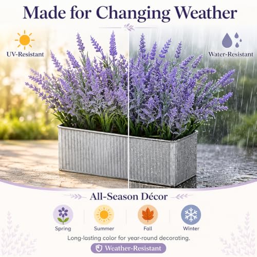 Artificial Lavender Flowers Potted Outdoor UV Resistant Fake Lavender for Window Sill Faux Lavender Plant for Farmhouse Home Bathroom Office Coffee Table Centerpieces Book Corner Shelf Indoor Decor