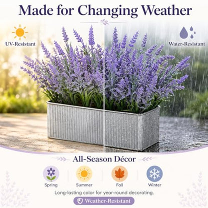 Artificial Lavender Flowers Potted Outdoor UV Resistant Fake Lavender for Window Sill Faux Lavender Plant for Farmhouse Home Bathroom Office Coffee Table Centerpieces Book Corner Shelf Indoor Decor