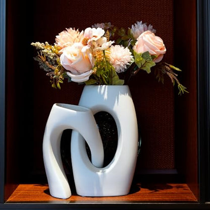 White Ceramic Vase Set of 2 with Champagne Faux Flowers