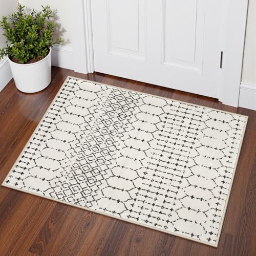 Lahome Moroccan Front Door Rugs Indoor 2x3 Non-Slip Washable Door Mats Indoor Rubber Backing Untra-Thin Beige Small Kitchen Rug, Geometric Print Inside Door Mats for Home Entrance Bathroom Sink Hana - color: Beige, size: 2' x 3' (Rectangular)