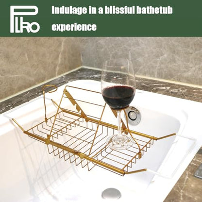 Bathtub Tray,Stainless Steel Shower Bathtub Caddy Tray with Removable Book Holder Red Wine Rack Holder, for Home Kitchen Bathroom,Gold