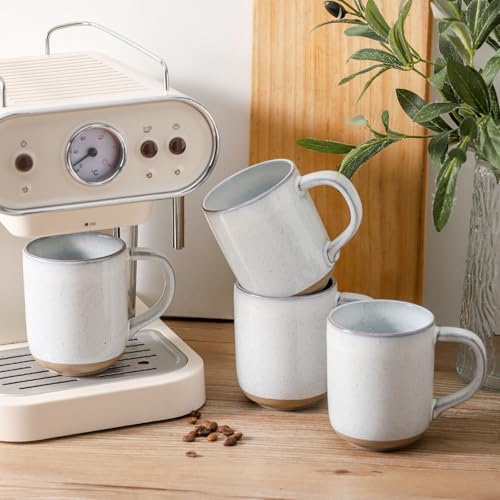 Ceramic Coffee Mugs Set of 4, 14oz Coffee Cups with Large Handle, Stoneware Two-Tone Tea Mugs for Latte, Cappuccino, Bluish White Speckled, Terracotta Base,Housewarming Gift,Dishwasher&Microwave Safe - color: White, size: 14 OZ