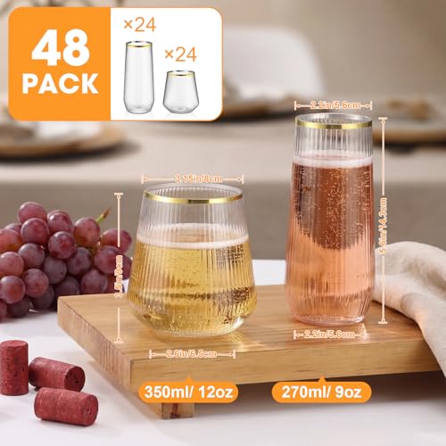 Remerry 48 Pack Stemless Plastic Wine Glasses 9 oz & 12 oz Disposable Champagne Flutes Cups Shatterproof Toasting Cocktail Glasses for Weddings, Bars, Events(Clear Ripple with Gold Rim) - style: Clear Ripple with Gold Rim