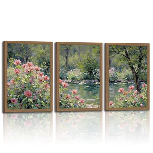 3pcsmonet Framed Wall Art,Retro Floral Gardencanvas Painting, Pink Flowers By Lake Painting, Nature Poster Wall Decor For Living Room Bedroom Office, Ready To Hang 16x24in - color: Trees and flower beds, size: 16x24in