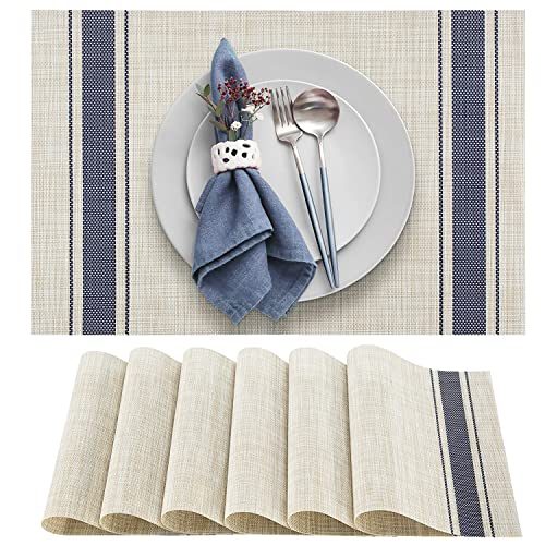 DACHUI Placemats Set of 6, Heat Resistant, Washable Woven Vinyl Place Mats - color: Blue Stripes, size: 6PCS