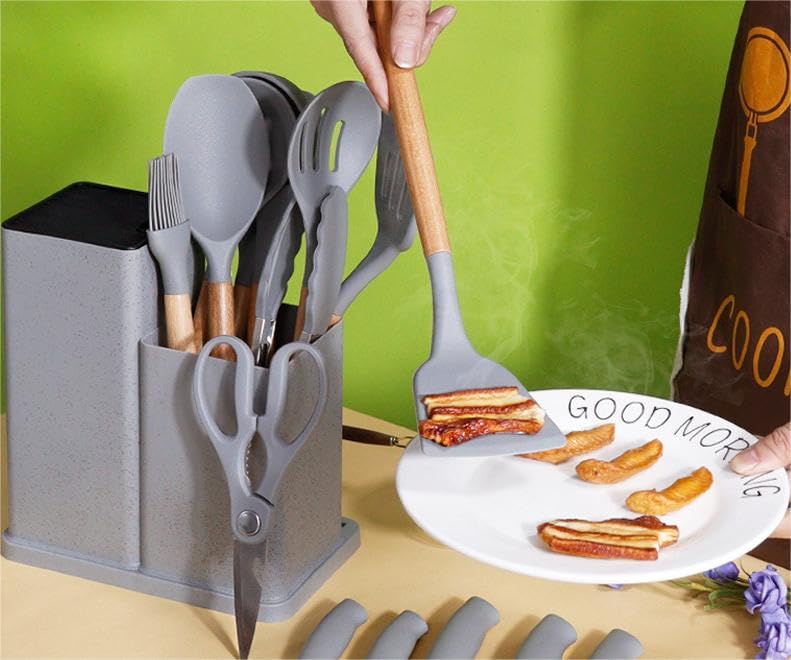 19 Pieces Kitchen Utensils and Knife Set with Block, Inldued 9 Pieces Silicone Cooking Utensils Set 5 Pieces Sharp Stainless Steel Chef Knives Scissors Whisk Tongs and Cutting Board (PINK) - color: Pink
